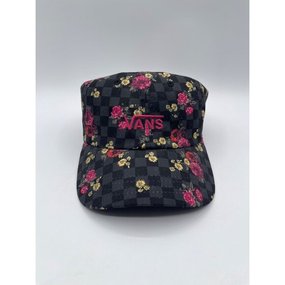 VANS Logo Flower Hat Black Gray Checker OSFA Strapback Floral Cap Rose Baseball - Picture 1 of 6